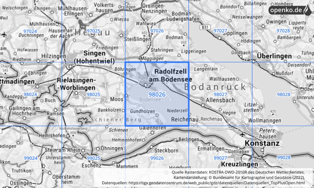 Übersichtskarte KOSTRA-DWD-2010R Rasterfeld Nr. 98026 mit angrenzenden Feldern