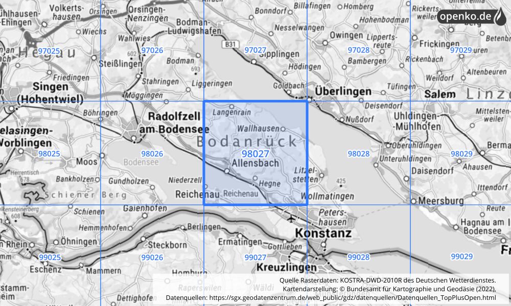 Übersichtskarte KOSTRA-DWD-2010R Rasterfeld Nr. 98027 mit angrenzenden Feldern