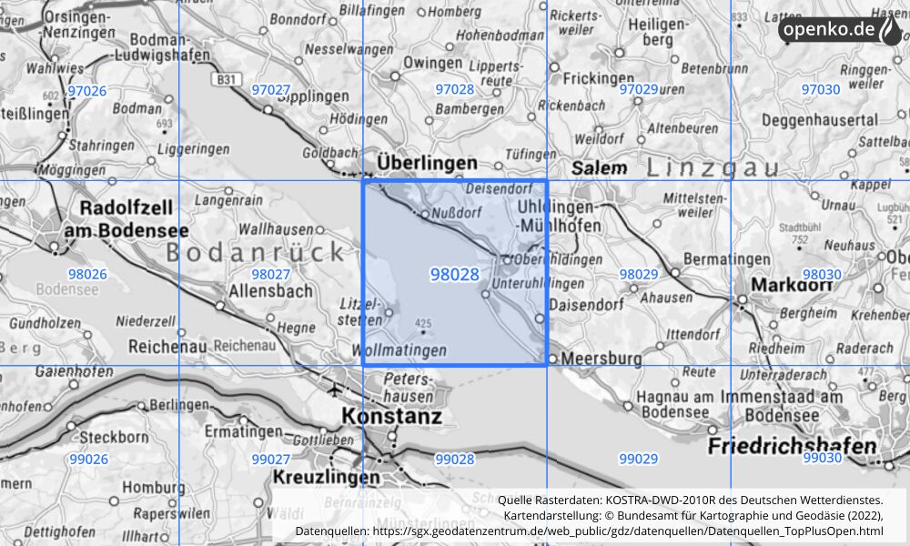 Übersichtskarte KOSTRA-DWD-2010R Rasterfeld Nr. 98028 mit angrenzenden Feldern