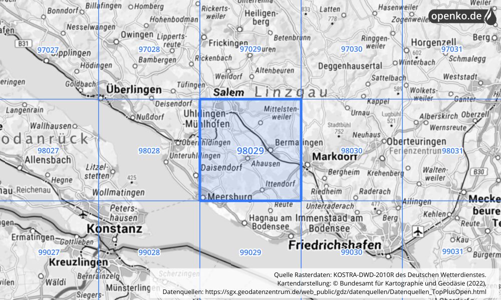 Übersichtskarte KOSTRA-DWD-2010R Rasterfeld Nr. 98029 mit angrenzenden Feldern