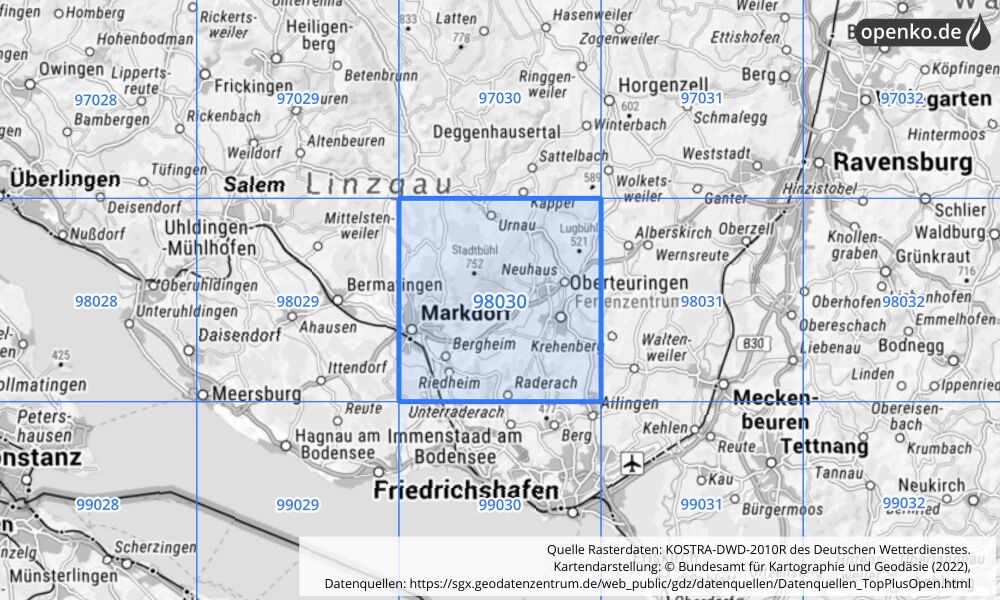 Übersichtskarte KOSTRA-DWD-2010R Rasterfeld Nr. 98030 mit angrenzenden Feldern