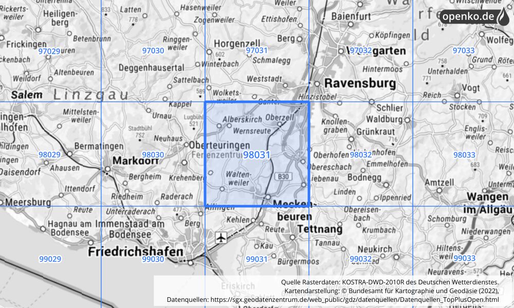 Übersichtskarte KOSTRA-DWD-2010R Rasterfeld Nr. 98031 mit angrenzenden Feldern