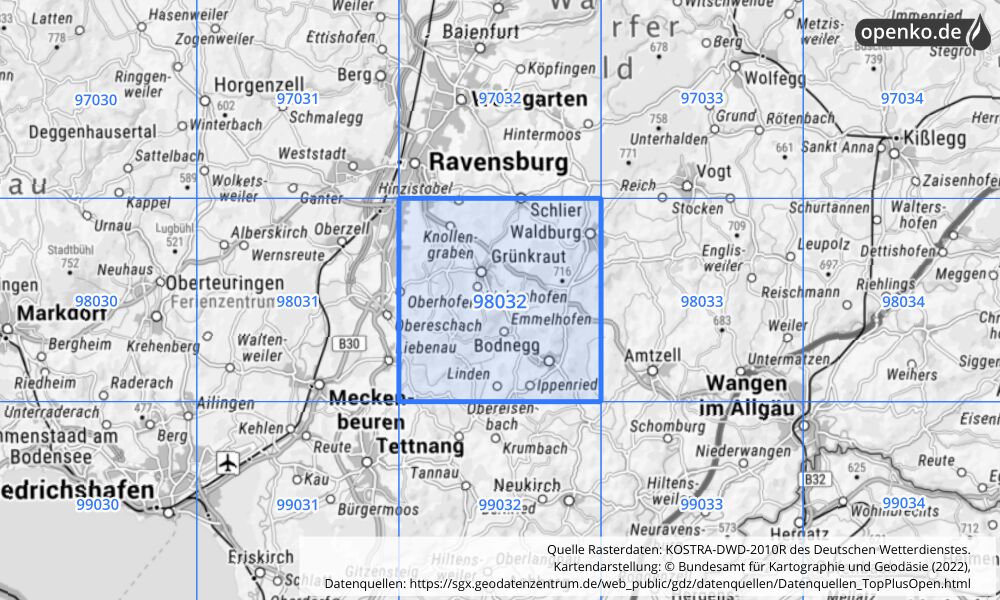 Übersichtskarte KOSTRA-DWD-2010R Rasterfeld Nr. 98032 mit angrenzenden Feldern