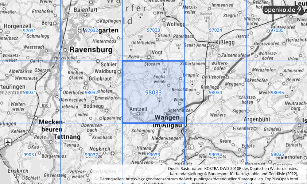 Übersichtskarte KOSTRA-DWD-2010R Rasterfeld Nr. 98033 mit angrenzenden Feldern