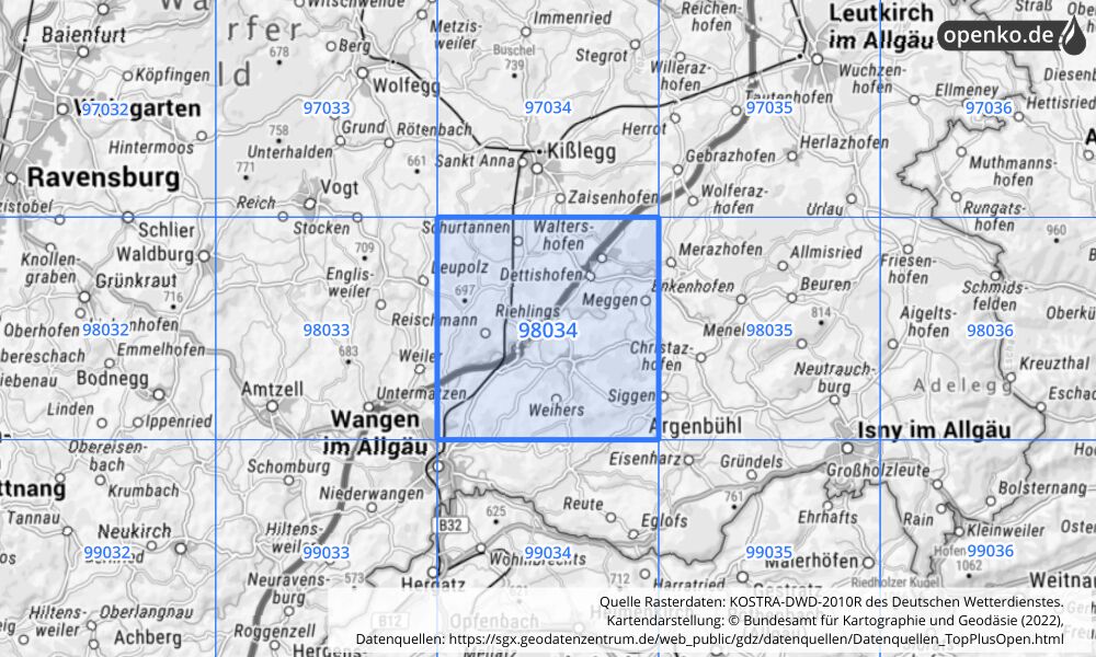 Übersichtskarte KOSTRA-DWD-2010R Rasterfeld Nr. 98034 mit angrenzenden Feldern