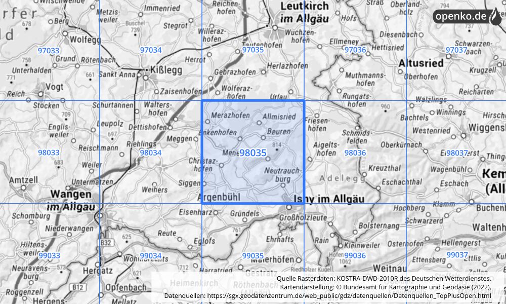 Übersichtskarte KOSTRA-DWD-2010R Rasterfeld Nr. 98035 mit angrenzenden Feldern