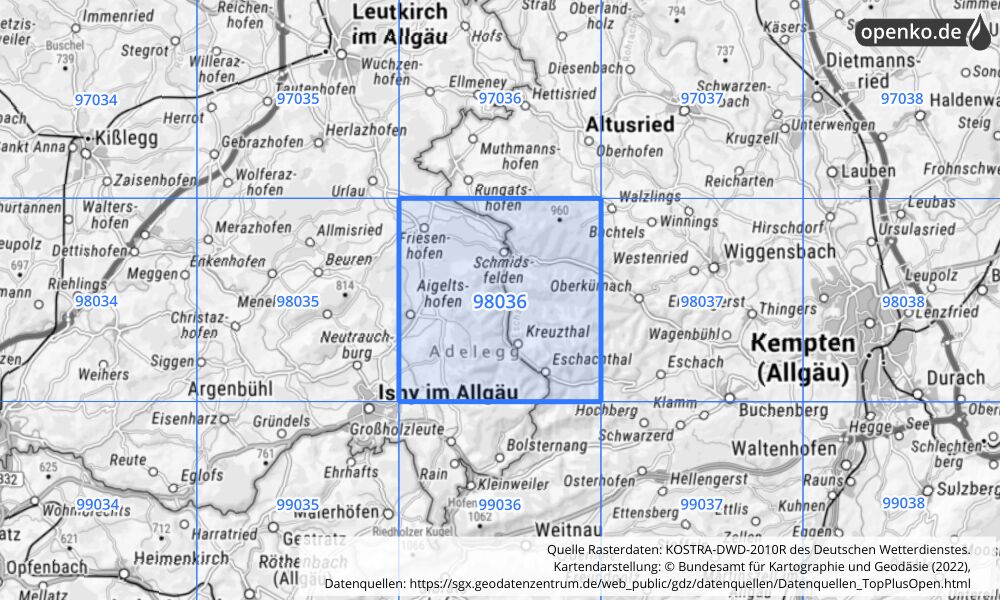 Übersichtskarte KOSTRA-DWD-2010R Rasterfeld Nr. 98036 mit angrenzenden Feldern