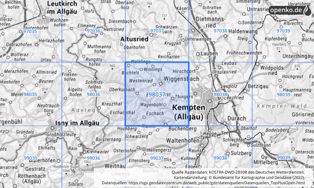 Übersichtskarte KOSTRA-DWD-2010R Rasterfeld Nr. 98037 mit angrenzenden Feldern