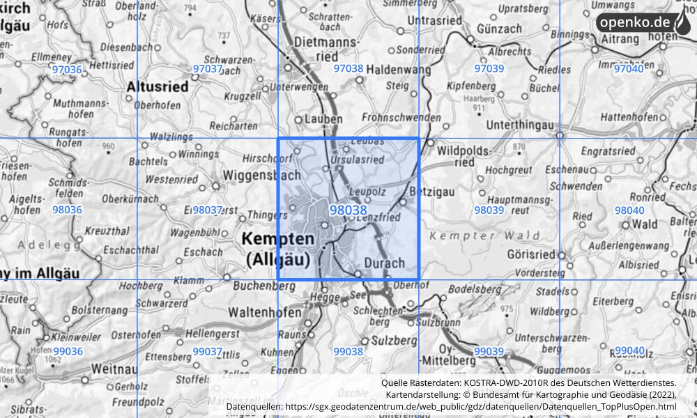 Übersichtskarte KOSTRA-DWD-2010R Rasterfeld Nr. 98038 mit angrenzenden Feldern