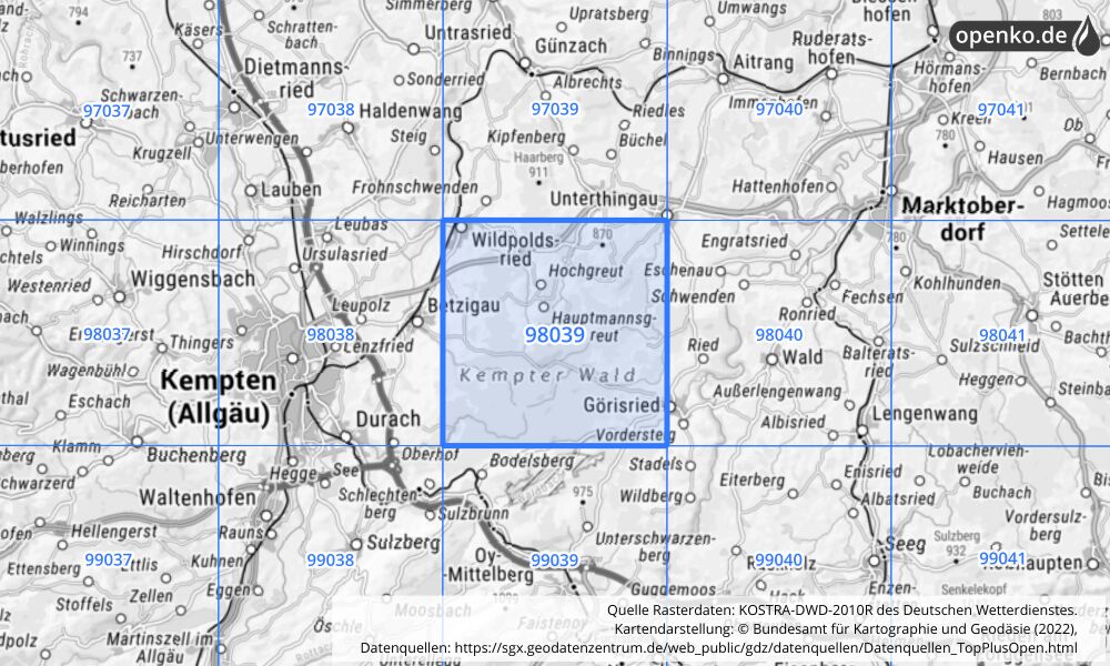 Übersichtskarte KOSTRA-DWD-2010R Rasterfeld Nr. 98039 mit angrenzenden Feldern