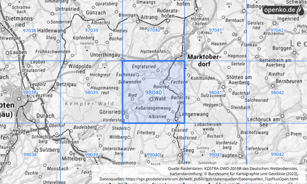 Übersichtskarte KOSTRA-DWD-2010R Rasterfeld Nr. 98040 mit angrenzenden Feldern