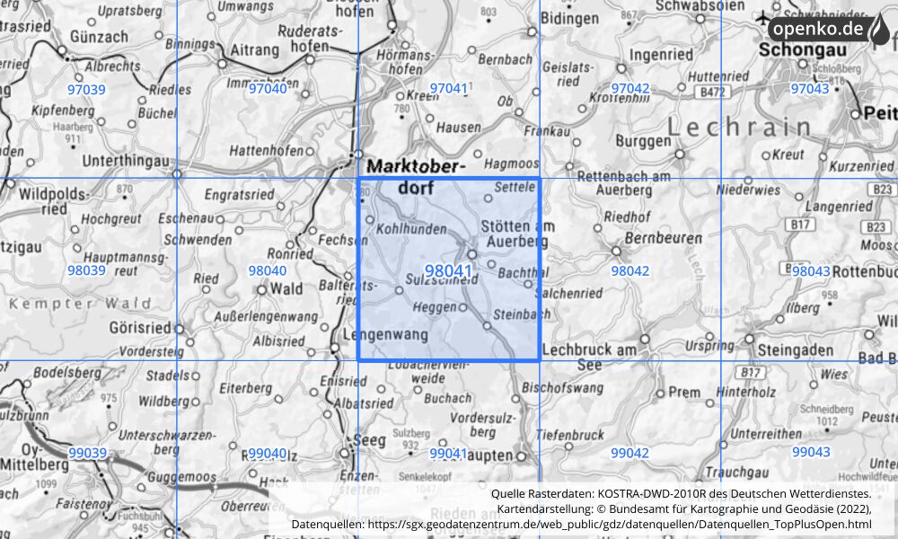 Übersichtskarte KOSTRA-DWD-2010R Rasterfeld Nr. 98041 mit angrenzenden Feldern