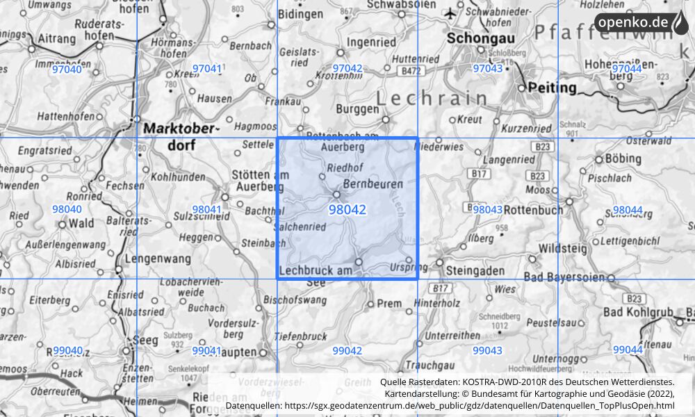 Übersichtskarte KOSTRA-DWD-2010R Rasterfeld Nr. 98042 mit angrenzenden Feldern