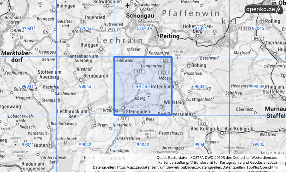 Übersichtskarte KOSTRA-DWD-2010R Rasterfeld Nr. 98043 mit angrenzenden Feldern