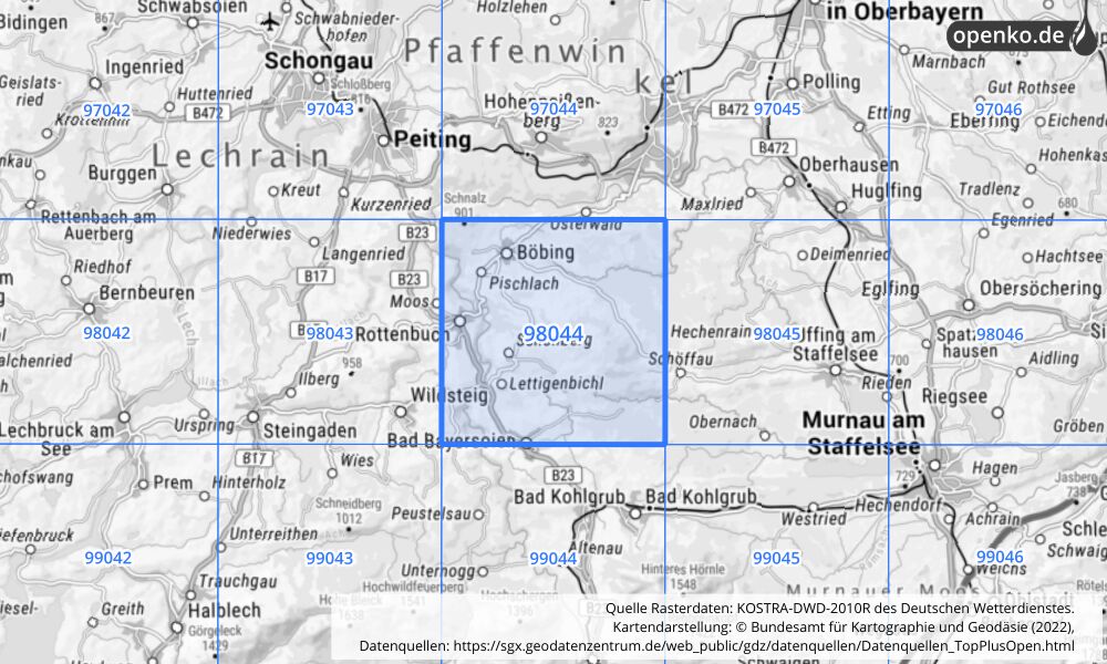 Übersichtskarte KOSTRA-DWD-2010R Rasterfeld Nr. 98044 mit angrenzenden Feldern