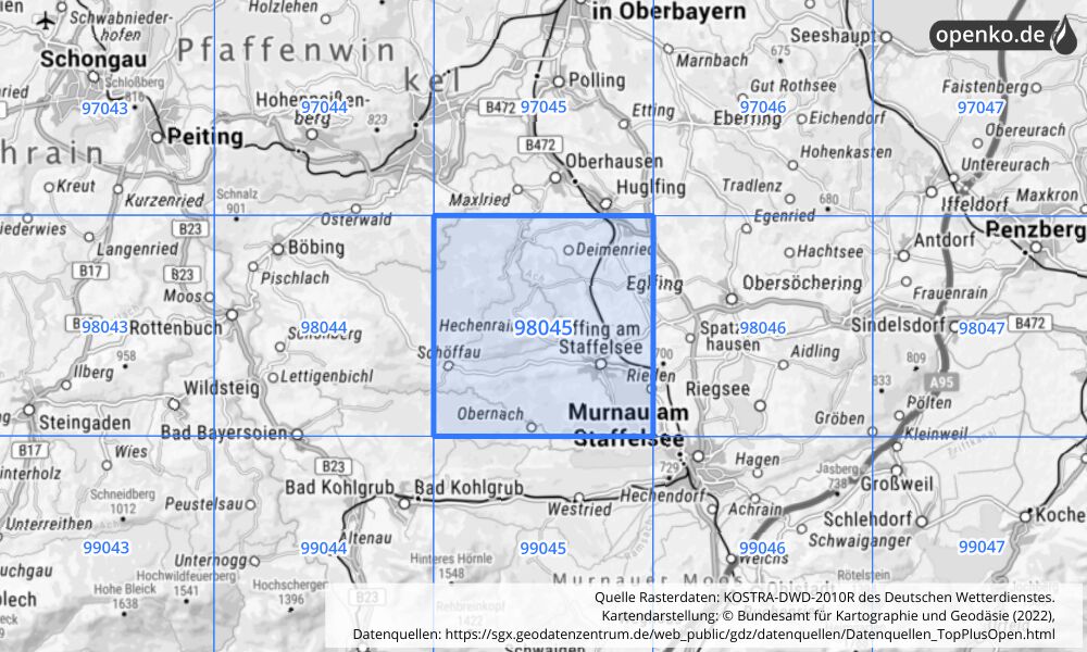 Übersichtskarte KOSTRA-DWD-2010R Rasterfeld Nr. 98045 mit angrenzenden Feldern