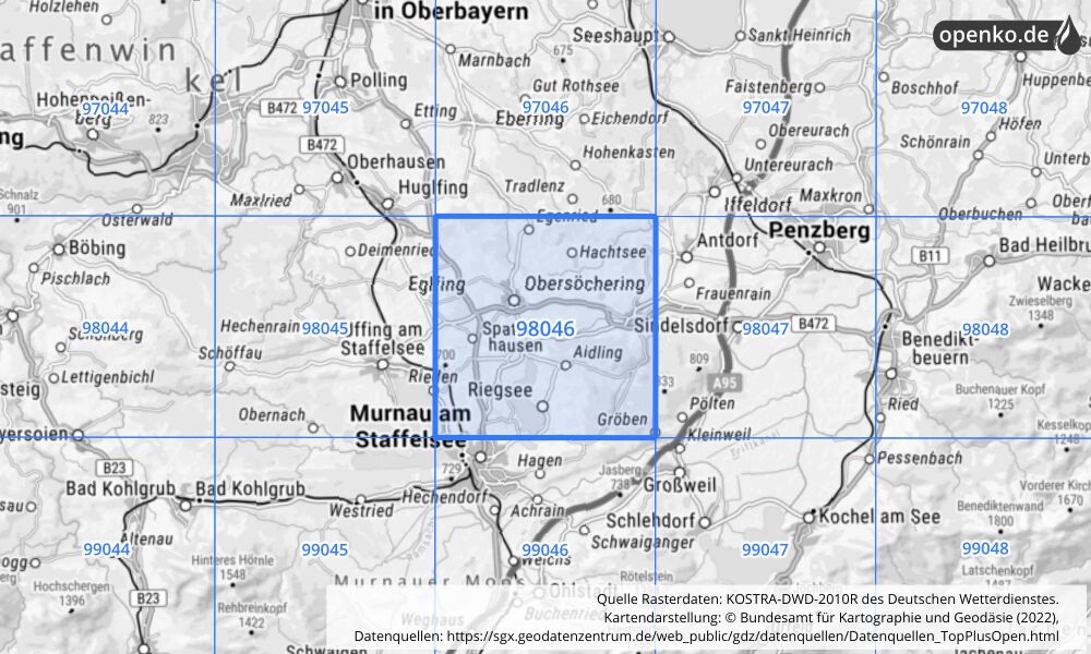 Übersichtskarte KOSTRA-DWD-2010R Rasterfeld Nr. 98046 mit angrenzenden Feldern