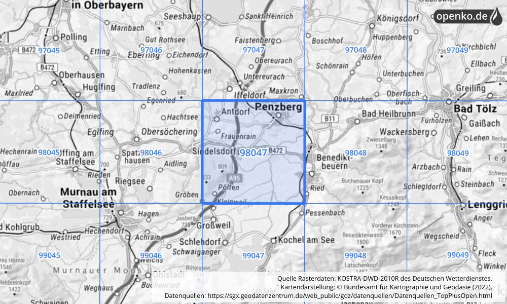 Übersichtskarte KOSTRA-DWD-2010R Rasterfeld Nr. 98047 mit angrenzenden Feldern