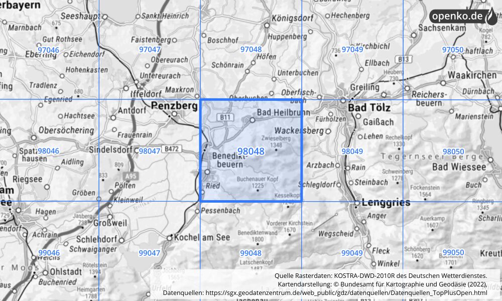 Übersichtskarte KOSTRA-DWD-2010R Rasterfeld Nr. 98048 mit angrenzenden Feldern
