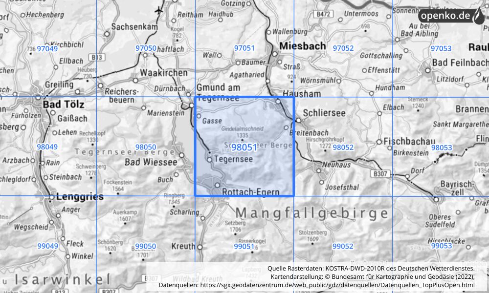 Übersichtskarte KOSTRA-DWD-2010R Rasterfeld Nr. 98051 mit angrenzenden Feldern