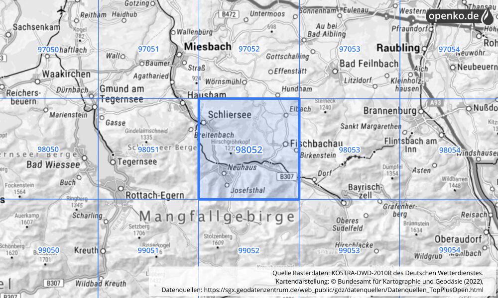 Übersichtskarte KOSTRA-DWD-2010R Rasterfeld Nr. 98052 mit angrenzenden Feldern