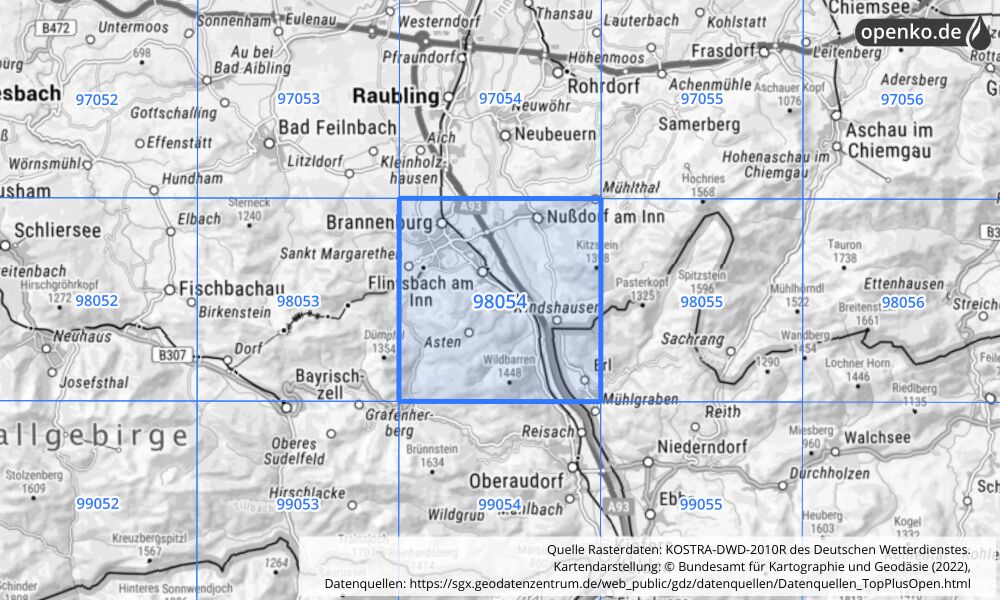 Übersichtskarte KOSTRA-DWD-2010R Rasterfeld Nr. 98054 mit angrenzenden Feldern