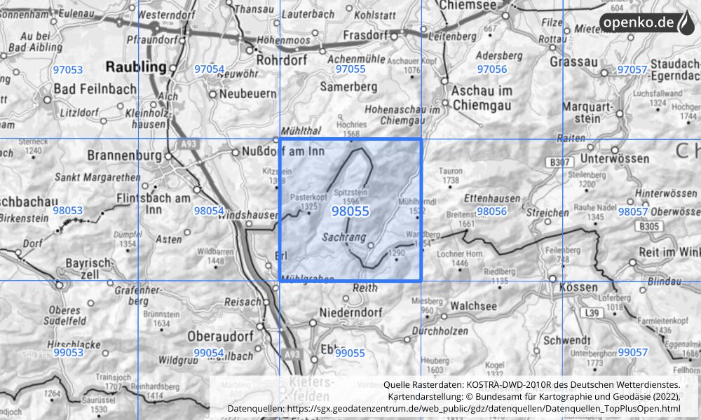 Übersichtskarte KOSTRA-DWD-2010R Rasterfeld Nr. 98055 mit angrenzenden Feldern