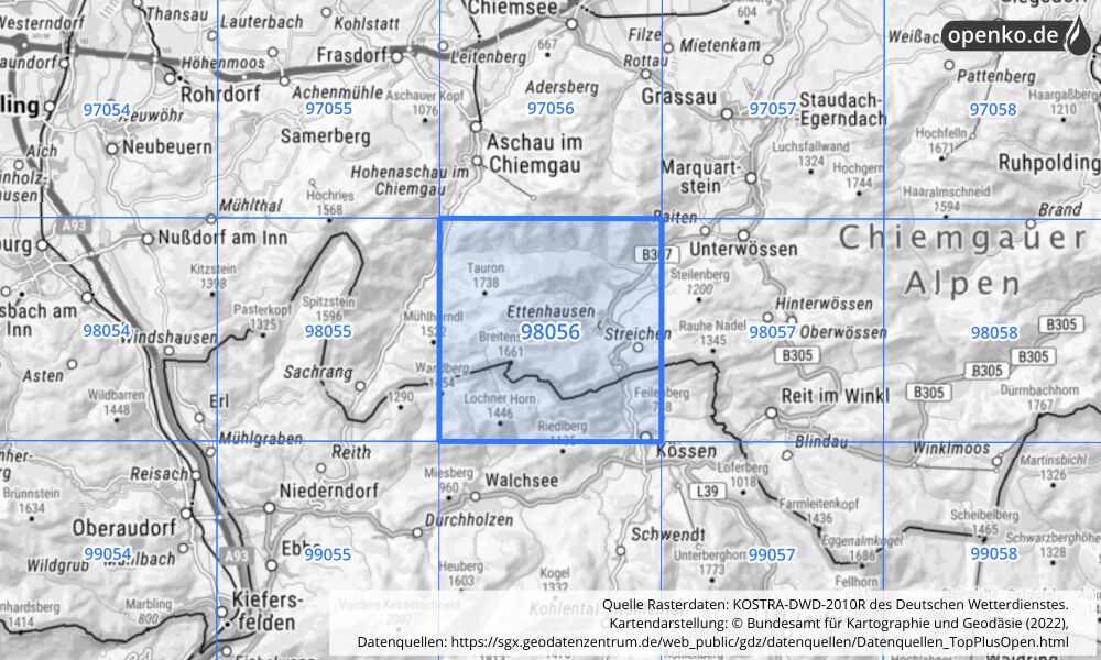 Übersichtskarte KOSTRA-DWD-2010R Rasterfeld Nr. 98056 mit angrenzenden Feldern