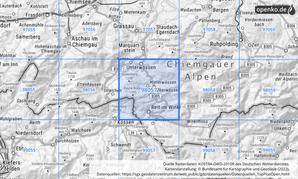 Übersichtskarte KOSTRA-DWD-2010R Rasterfeld Nr. 98057 mit angrenzenden Feldern