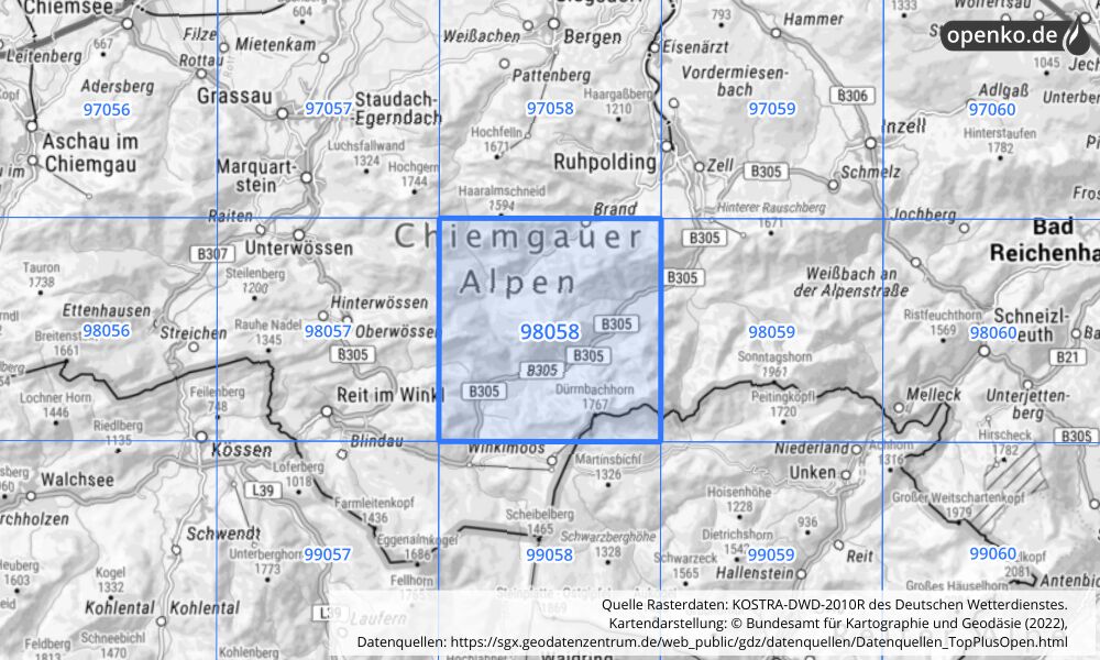 Übersichtskarte KOSTRA-DWD-2010R Rasterfeld Nr. 98058 mit angrenzenden Feldern