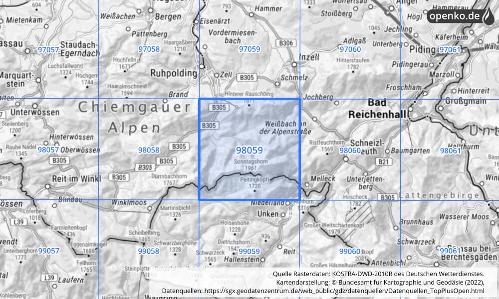 Übersichtskarte KOSTRA-DWD-2010R Rasterfeld Nr. 98059 mit angrenzenden Feldern