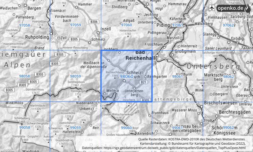 Übersichtskarte KOSTRA-DWD-2010R Rasterfeld Nr. 98060 mit angrenzenden Feldern