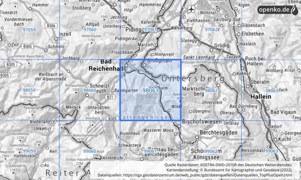 Übersichtskarte KOSTRA-DWD-2010R Rasterfeld Nr. 98061 mit angrenzenden Feldern