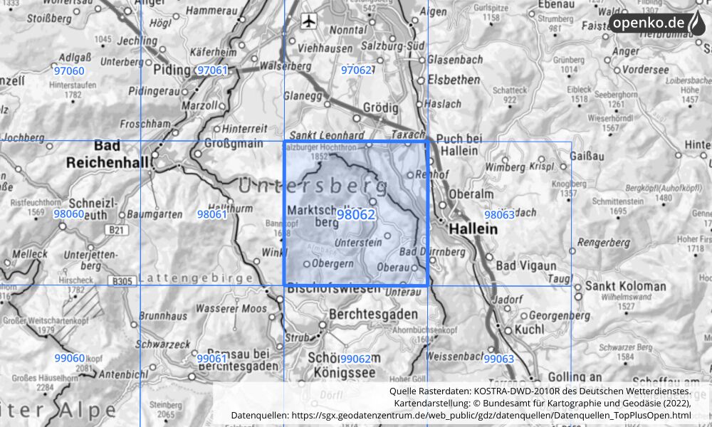 Übersichtskarte KOSTRA-DWD-2010R Rasterfeld Nr. 98062 mit angrenzenden Feldern