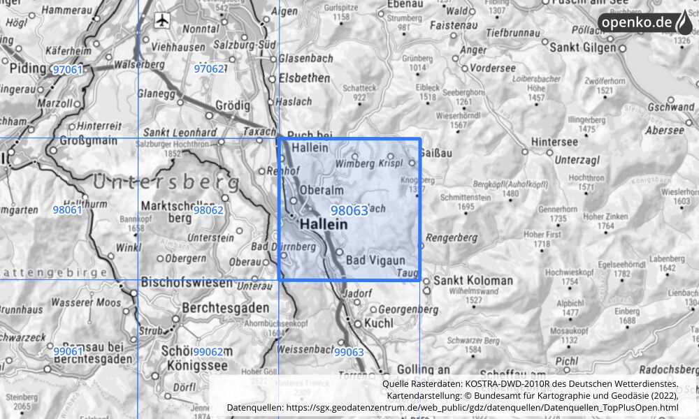 Übersichtskarte KOSTRA-DWD-2010R Rasterfeld Nr. 98063 mit angrenzenden Feldern