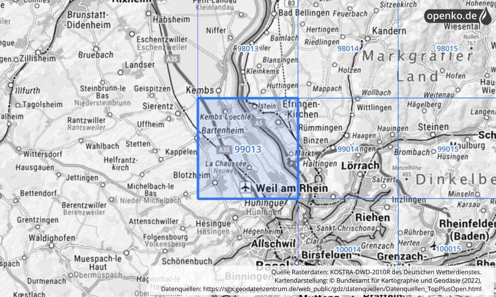 Übersichtskarte KOSTRA-DWD-2010R Rasterfeld Nr. 99013 mit angrenzenden Feldern