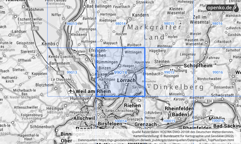 Übersichtskarte KOSTRA-DWD-2010R Rasterfeld Nr. 99014 mit angrenzenden Feldern