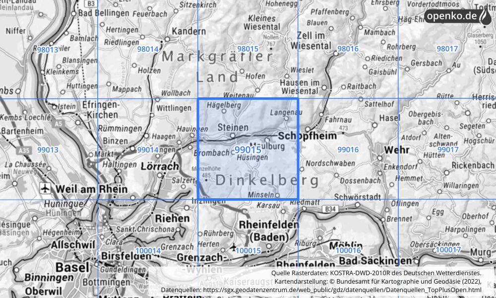 Übersichtskarte KOSTRA-DWD-2010R Rasterfeld Nr. 99015 mit angrenzenden Feldern