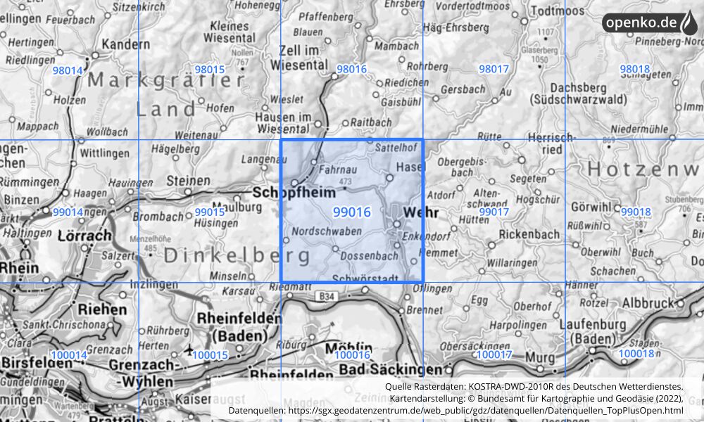 Übersichtskarte KOSTRA-DWD-2010R Rasterfeld Nr. 99016 mit angrenzenden Feldern