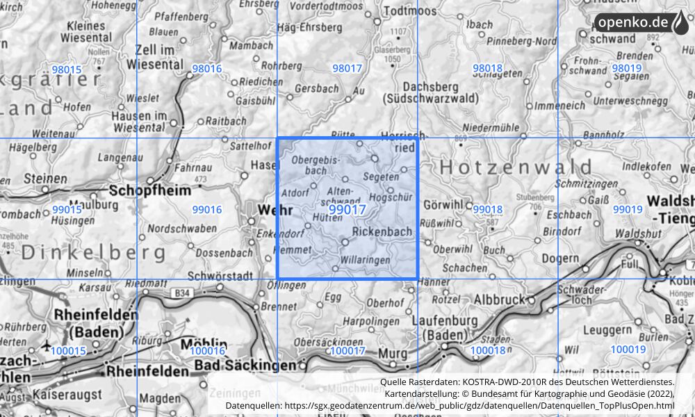 Übersichtskarte KOSTRA-DWD-2010R Rasterfeld Nr. 99017 mit angrenzenden Feldern