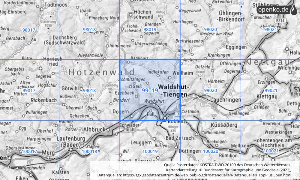 Übersichtskarte KOSTRA-DWD-2010R Rasterfeld Nr. 99019 mit angrenzenden Feldern