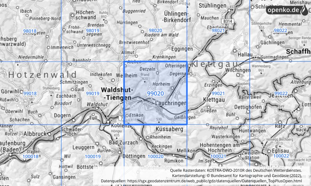 Übersichtskarte KOSTRA-DWD-2010R Rasterfeld Nr. 99020 mit angrenzenden Feldern