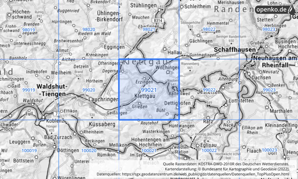 Übersichtskarte KOSTRA-DWD-2010R Rasterfeld Nr. 99021 mit angrenzenden Feldern