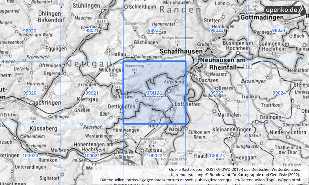 Übersichtskarte KOSTRA-DWD-2010R Rasterfeld Nr. 99022 mit angrenzenden Feldern