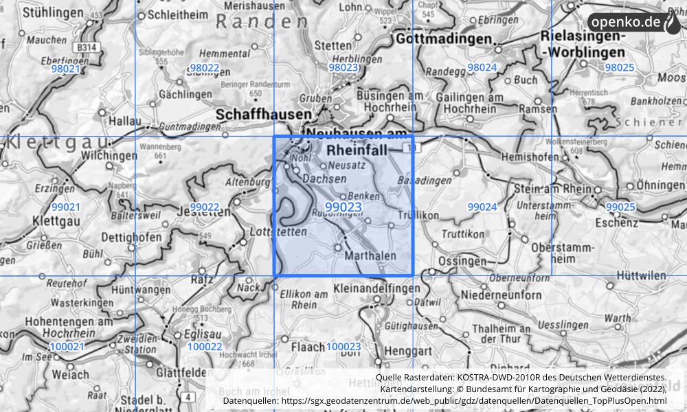 Übersichtskarte KOSTRA-DWD-2010R Rasterfeld Nr. 99023 mit angrenzenden Feldern