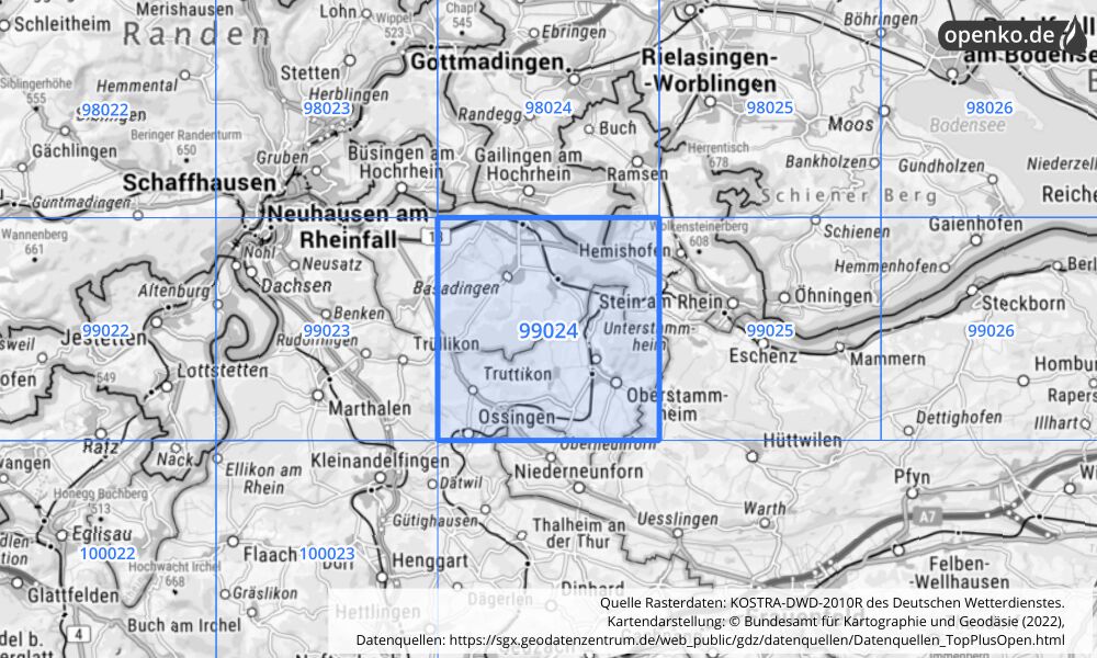 Übersichtskarte KOSTRA-DWD-2010R Rasterfeld Nr. 99024 mit angrenzenden Feldern