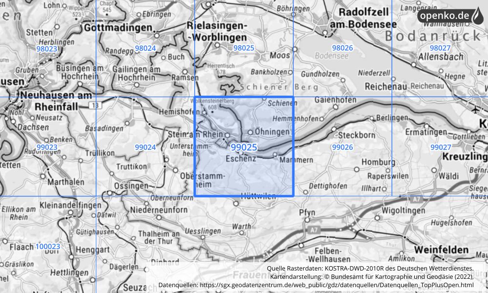 Übersichtskarte KOSTRA-DWD-2010R Rasterfeld Nr. 99025 mit angrenzenden Feldern