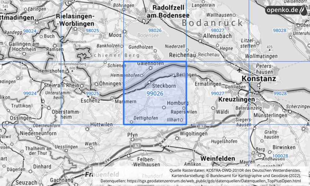 Übersichtskarte KOSTRA-DWD-2010R Rasterfeld Nr. 99026 mit angrenzenden Feldern