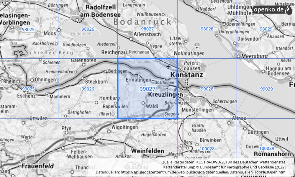 Übersichtskarte KOSTRA-DWD-2010R Rasterfeld Nr. 99027 mit angrenzenden Feldern