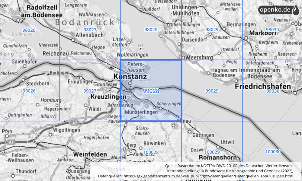 Übersichtskarte KOSTRA-DWD-2010R Rasterfeld Nr. 99028 mit angrenzenden Feldern